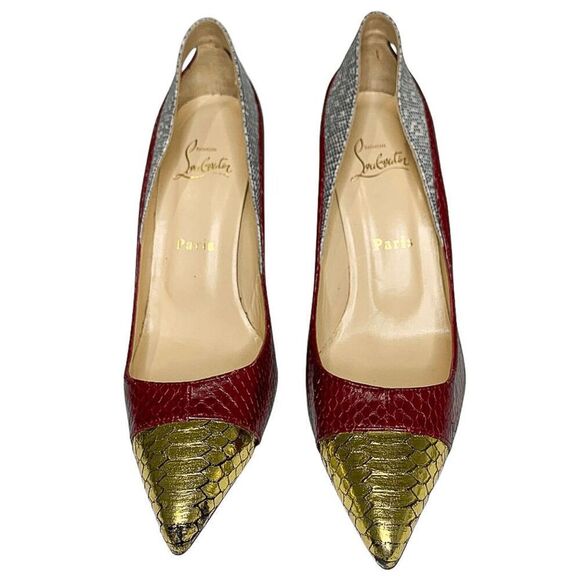 Christian Louboutin Snakeskin Embossed Cutout Pump EU 37.5 US 7.5 Red High Heels - Picture 2 of 12